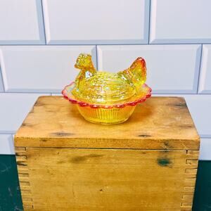 Mini Marigold Carnival Glass Hen on Nest | Iridescent Covered Chicken Dish